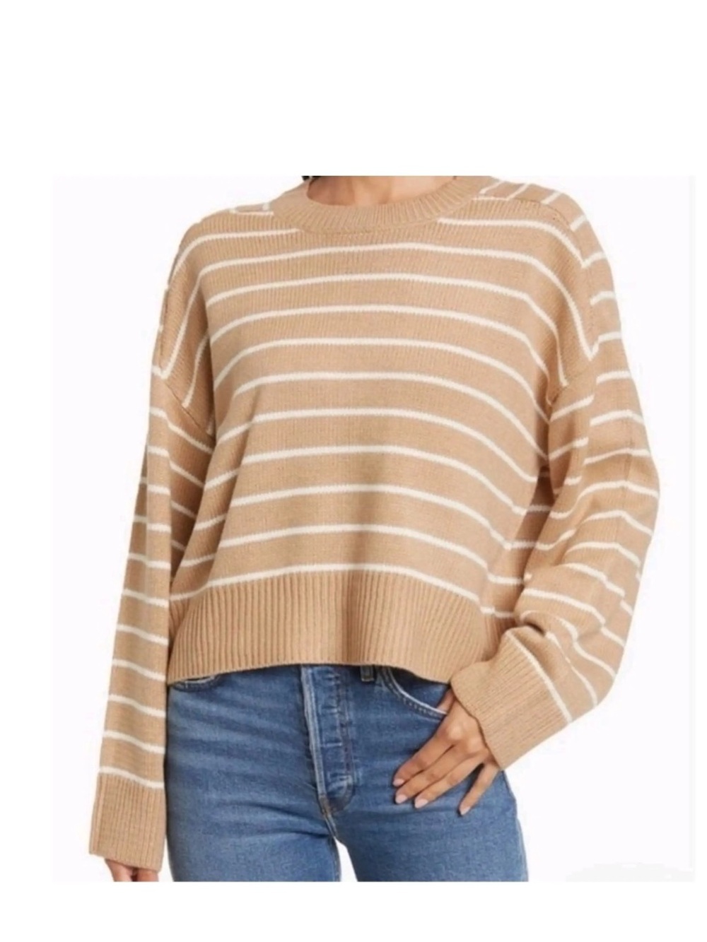 Tahari Striped Crewneck Sweater in Tan and White